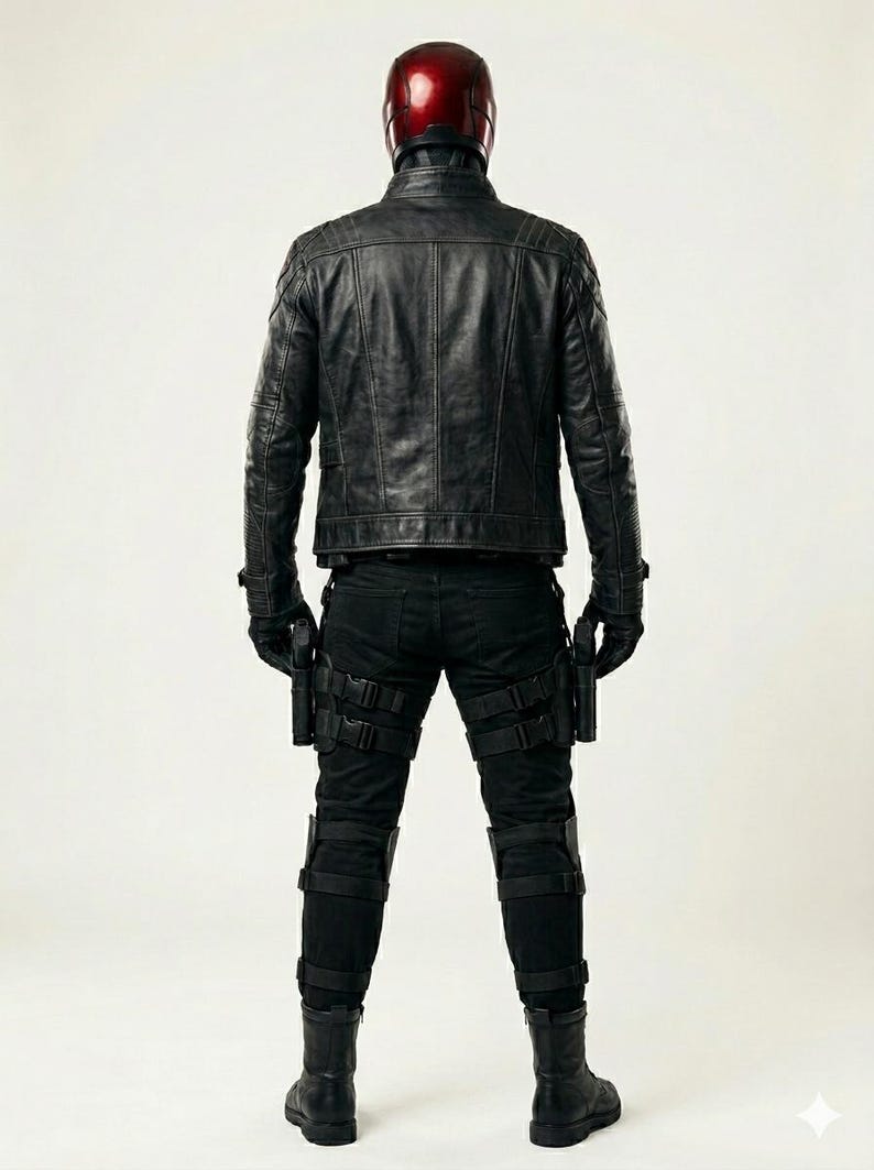 Red Hood inspired cosplay, premium leather jacket, Jason Todd, Gotham City fashion, comic book costume, superhero apparel, anti-hero aesthetic, high detail armor, convention outfit, cosplay photography, luxury cosplay gear, red bat logo, tactical style jacket, mens hero suit, realistic costume, high quality materials, detailed stitching, embossed logo, layered body armor, utility straps, premium craftsmanship, cosplay collector.