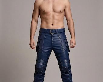 Pantaloni cargo da uomo in pelle blu - Pantaloni da motociclista tattici in stile cyberpunk