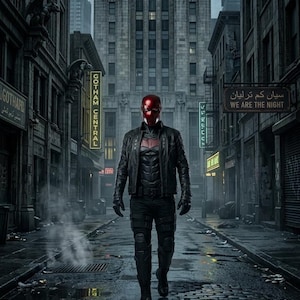 Red Hood inspired cosplay, premium leather jacket, Jason Todd, Gotham City fashion, comic book costume, superhero apparel, anti-hero aesthetic, high detail armor, convention outfit, cosplay photography, luxury cosplay gear, red bat logo, tactical style jacket, mens hero suit, realistic costume, high quality materials, detailed stitching, embossed logo, layered body armor, utility straps, premium craftsmanship, cosplay collector.