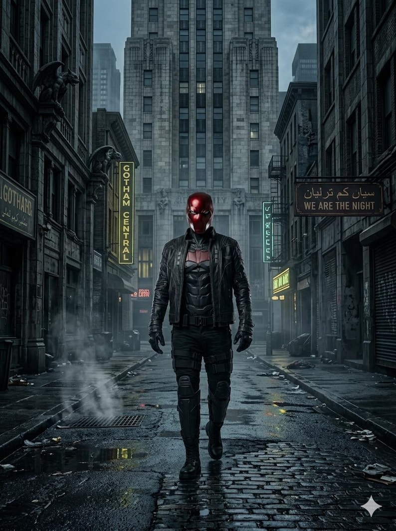 Red Hood inspired cosplay, premium leather jacket, Jason Todd, Gotham City fashion, comic book costume, superhero apparel, anti-hero aesthetic, high detail armor, convention outfit, cosplay photography, luxury cosplay gear, red bat logo, tactical style jacket, mens hero suit, realistic costume, high quality materials, detailed stitching, embossed logo, layered body armor, utility straps, premium craftsmanship, cosplay collector.