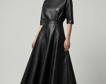 Black Leather Midi Dress - Elegant A-Line Short Sleeve Luxury Fashion Outfit