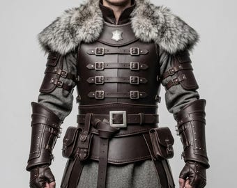 Medieval Leather Warrior Armor Costume - Ranger Viking Fur Cosplay Tunic Outfit