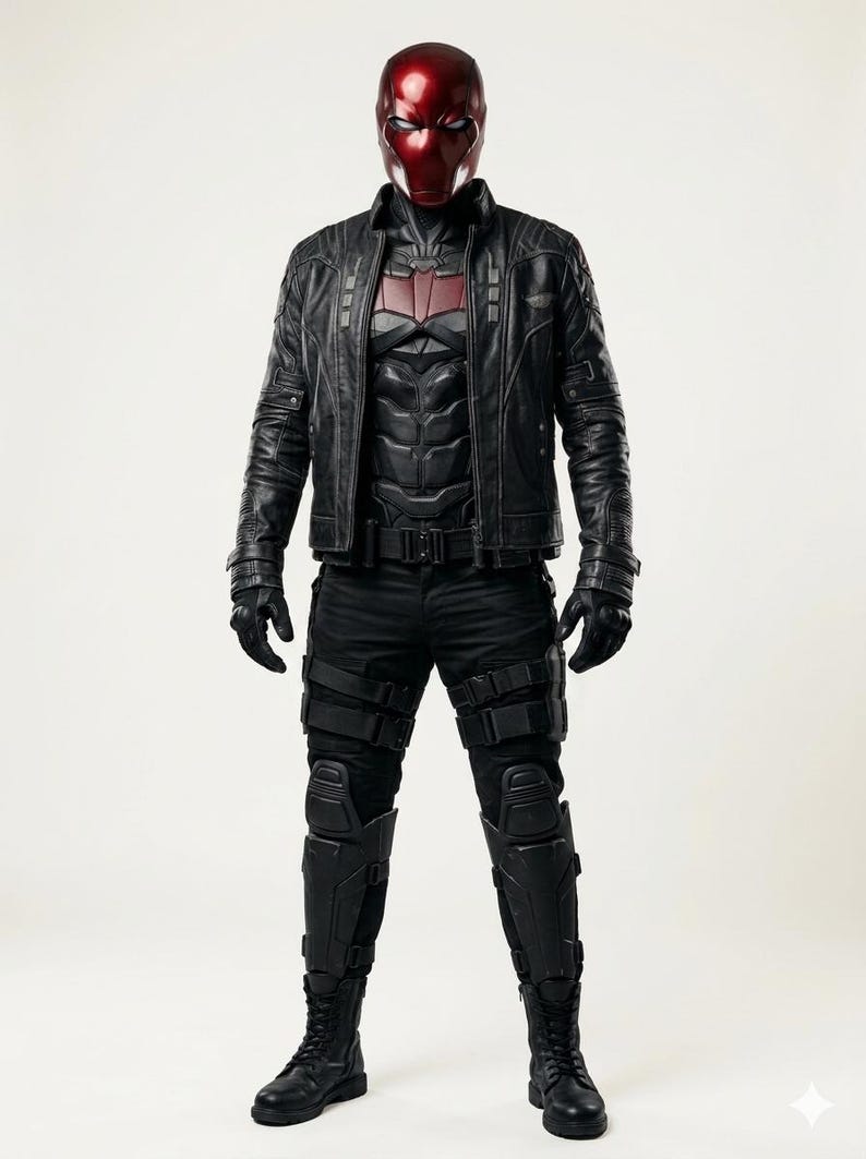 Red Hood inspired cosplay, premium leather jacket, Jason Todd, Gotham City fashion, comic book costume, superhero apparel, anti-hero aesthetic, high detail armor, convention outfit, cosplay photography, luxury cosplay gear, red bat logo, tactical style jacket, mens hero suit, realistic costume, high quality materials, detailed stitching, embossed logo, layered body armor, utility straps, premium craftsmanship, cosplay collector.