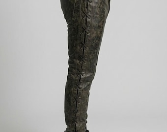 Mens Distressed Leather Side Lace Up Pants | Vintage Brown Biker Trousers Slim Fit