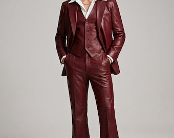 Men's Burgundy Leather 3-Piece Suit - Slim Fit Flare Pants Designer Tuxedo