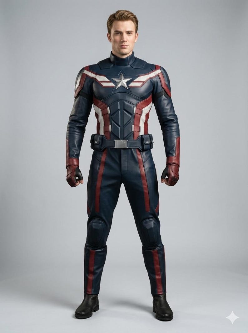 captain america costume, luxury superhero suit, cinematic cosplay replica, avengers leather uniform, steve rogers outfit, winter soldier suit, high quality comic con gear, tactical hero outfit, realistic halloween costume, custom superhero leather, tailored cosplay suit, movie accurate replica, professional cosplay gear, endgame suit replica