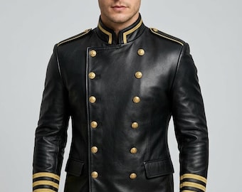 Men's Black Leather Military Jacket Luxury Gold Trim Uniform Blazer