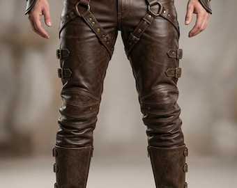 Men’s Rugged Brown Leather Combat Pants - Steampunk Viking Harness Biker Trousers