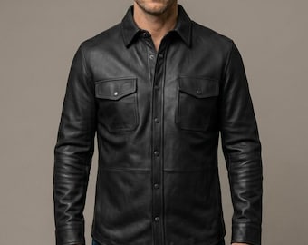 Men's Black Leather Shirt Jacket | Slim Fit Real Leather Overshirt