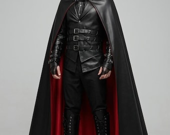 Halloween Costume Mens Gothic Leather Trench Coat Red Lining Vampire Cape