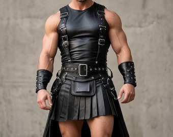 Men’s Leather Kilt Harness Set | Black Pleated Gladiator Skirt & Sleeveless Top