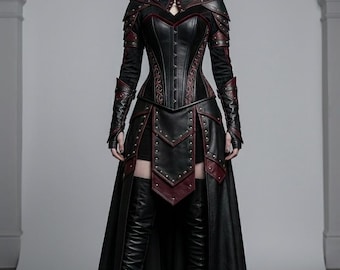 Gothic Vampire Warrior Dress - Black Leather Armor Corset - Dark Fantasy Costume