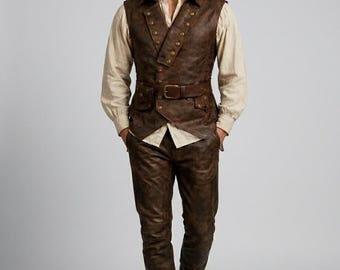 Men's Distressed Leather Waistcoat, Rustic Biker Vest, Historical Style