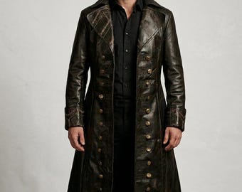 Men's Vintage Leather Trench Coat - Gothic Steampunk Long Pirate Jacket Outfit