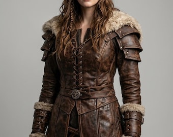 Women's Viking Leather Shirt - Faux Fur Medieval Ranger Tunic Top