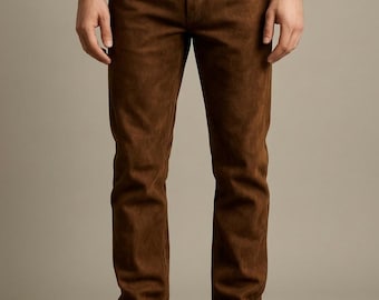 Pantaloni da uomo slim fit in camoscio marrone – Pantaloni in pelle di lusso