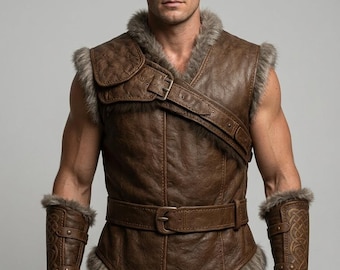 Men’s Brown Leather Warrior Vest - Handmade Medieval Costume Fur Lined Armor
