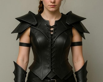 Black Leather Fantasy Armor Shirt - Halloween Warrior Corset Costume Top