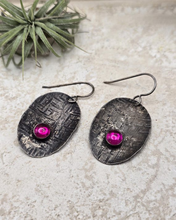 1.5" Ruby 925 Silver Hammered Concave Earrings - image 1