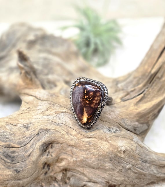 Fire Agate Sterling Silver Ring Size 6 Beaded Bez… - image 11