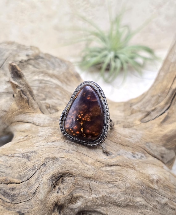 Fire Agate Sterling Silver Ring Size 6 Beaded Bez… - image 3