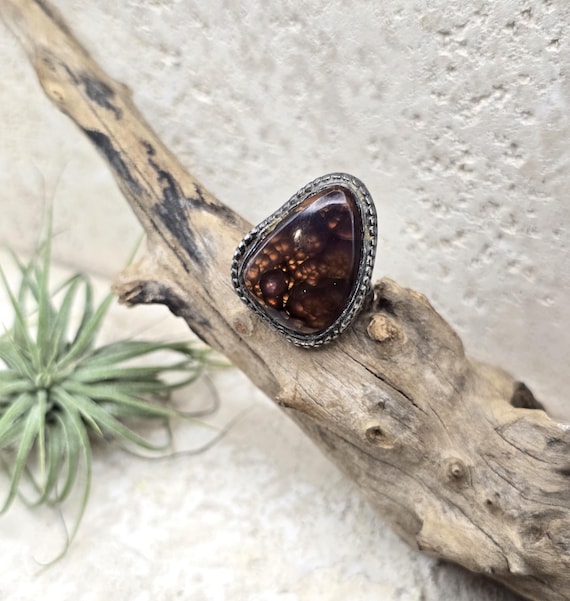 Fire Agate Sterling Silver Ring Size 6 Beaded Bez… - image 8