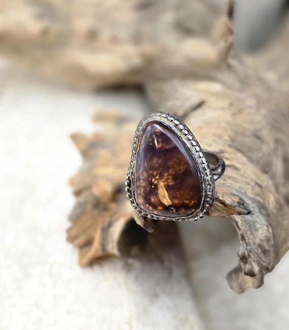 Fire Agate Sterling Silver Ring Size 6 Beaded Bez… - image 2