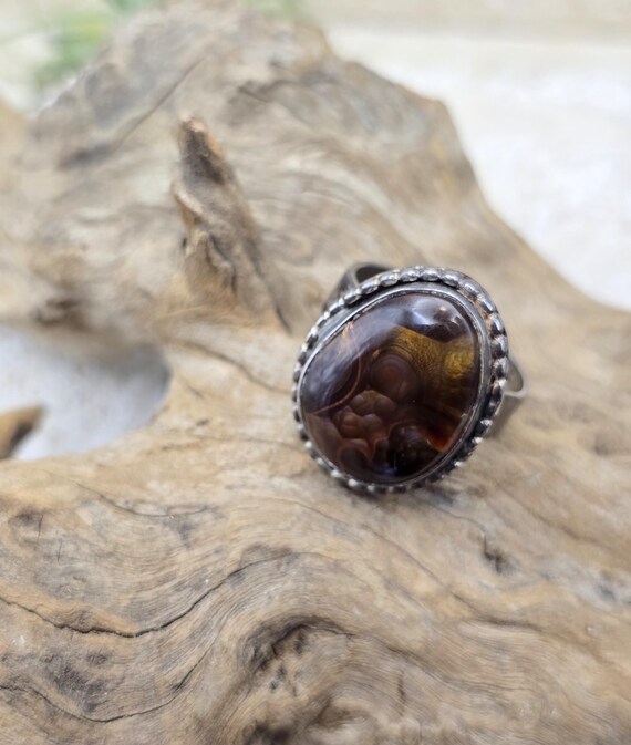 Fire Agate Sterling Silver Ring, Southwestern Han… - image 1