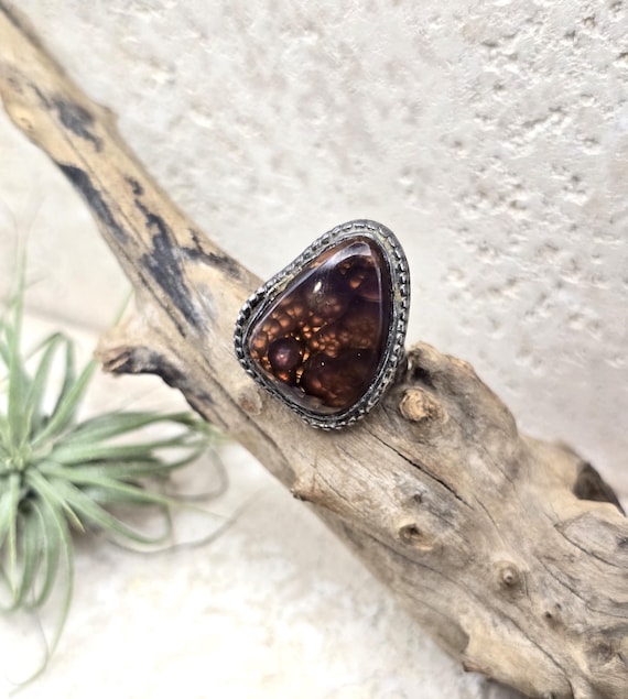 Fire Agate Sterling Silver Ring Size 6 Beaded Bez… - image 1
