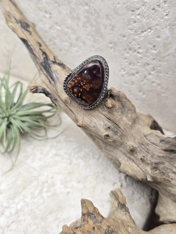 Fire Agate Sterling Silver Ring Size 6 Beaded Bez… - image 9