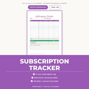 May include: A digital subscription tracker template featuring a white page with purple headers and borders. The document includes a 14-row table for service names, costs, billing cycles, renewal dates, and cancellation dates, plus a summary section.