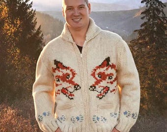 Men's Hand Knit Wool Wolf Cardigan | Vintage Canadian Cowichan Style Sweater