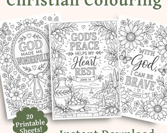 May include: Three black and white coloring pages featuring floral designs and text. The left page reads God Made Me Wonderfully, the center reads God's Peace Helps My Heart Rest, and the right reads With God, I Can Be Brave. Includes 20 printable sheets.
