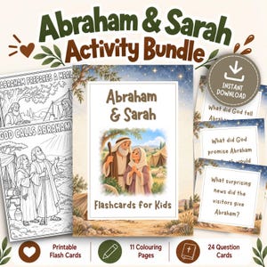 May include: An Abraham & Sarah activity bundle featuring printable flashcards, 11 colouring pages, and 24 question cards. The set includes illustrations of biblical figures, text, and a download icon. The design uses brown, green, and blue tones.