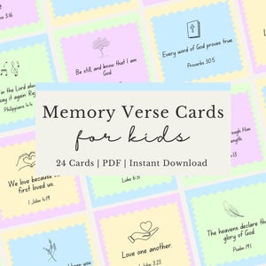 May include: A set of pastel-coloured memory verse cards for children. Each card displays a Bible verse and a simple illustration. The cards are designed for instant download and include 24 cards in total.