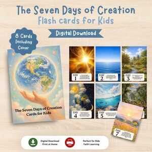Puede incluir: Un conjunto de ocho tarjetas didácticas de descarga digital tituladas The Seven Days of Creation Flash cards for Kids. Las tarjetas presentan ilustraciones coloridas que representan cada día de la creación, incluida una portada con una mano sosteniendo la Tierra.