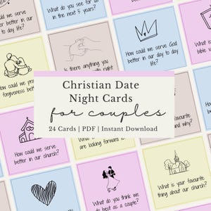 Può includere: Un set di 24 carte quadrate Christian Date Night Cards for couples con sfondi color pastello, illustrazioni a linee nere di cuori, chiese e persone, e testi come How could we serve God better in our day to day life?