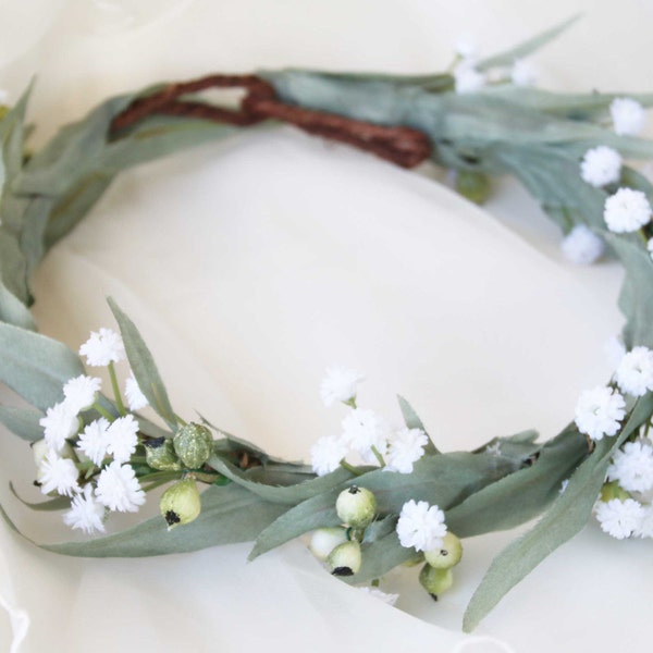 Flower crown. Silk flower crown. Delicate eucalyptus leaves, gumnuts and babies breath.  Wedding, flowergirl, party, baby shower, photoshoot