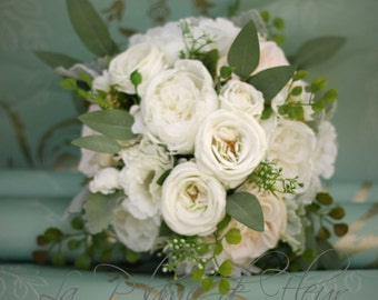 Garden wedding bouquet Roses, peonies, lissianthus, eucalyptus, dusty miller and fern  Vintage inspired garden bouquet shabby chic & rustic