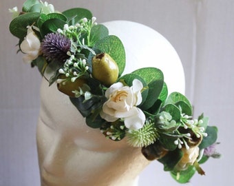 Silk Flower crown. Bride, bridesmaid, flowergirl hair crown. Thistle, roses, gumnuts, wildflowers, eucalyptus. Rustic Wedding hair flowers