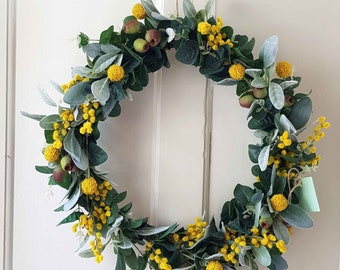 Wreath Australian native artificial flowers. Wattle, billy buttons, eucalyptus, gumnuts, lambs ear. Wall door decor, baby nursery, Christmas