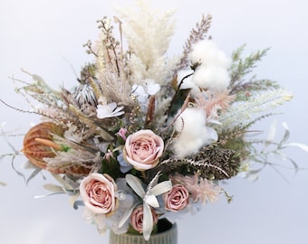 Artificial flower bouquet, dried look faux flowers. Rustic Australian wedding flowers. Boho wedding. Protea, cotton, banksia, pampas grass