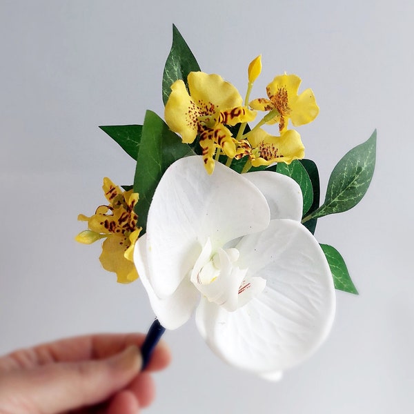 White and yellow orchid mens Buttonhole Boutonniere. Orchid flower Silk buttonhole. Boys wedding flowers. Groom, groomsmen, wedding flower