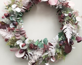 Australian native wreath. White, pink, burgundy. Eucalyptus, gumnuts, pine, fern. Christmas decoration, Gift, Home decor. Artificial flowers