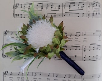 Scottish wedding buttonhole for Groom, Groomsmen. Boutonniere, lapel pin. White Thistle, wildflowers, rusus. Scotland white thistle flower