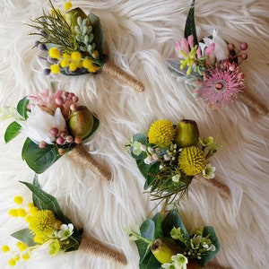 Set of 6 Native Buttonhole Boutonniere. 6 mismatched Australian native flower and foliage buttonholes Artificial flower, foliage boutonniere image 1