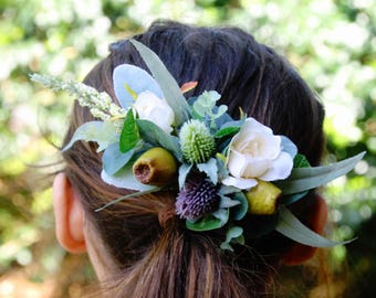 Silk flower hair comb. Roses, thistle flower, gumnuts, eucalyptus, wildflowers. Hair flowers for wedding, bridal, photoshoot, party, races