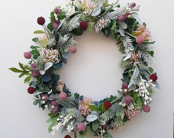 Australian native wreath. Pink, burgundy. Eucalyptus, wattle, billy buttons, gum. Farmhouse decoration, Christmas, Gift, Home decor.