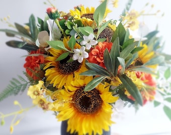 Rustic sunflower bouquet. Bride, bridesmaid posy artificial flowers. Yellow, orange, white faux Australian wedding flowers. Wedding bouquet