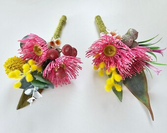 Native flower buttonhole for groom, groomsmen. Boutonniere faux flowers, lapel pins. Father of the Bride. Native wedding flowers wattle gum